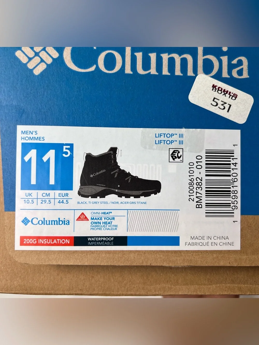 Columbia Waterproof 200G Insulation Gray/Black Size 11.5
